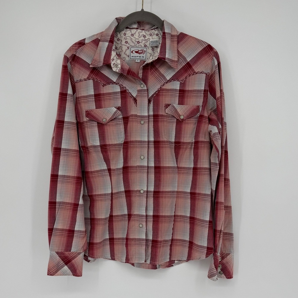 Roper Womens Red Plaid Western Snap Shirt Lurex Metallic Embroidery Large